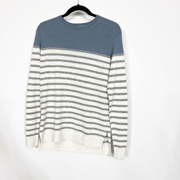 Vince Sweater Womens Small 100% Cashmere Striped Cream Neck Blue Gray Cream - Picture 1 of 8